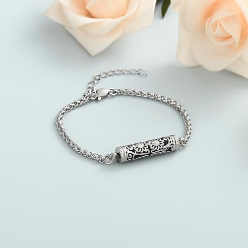 shajwo Cremation Jewelry Sunflower Cylinder Urn Bracelet for Ashes | Adjustable Memorial Keepsake Link Bracelet for Women - color: Silver