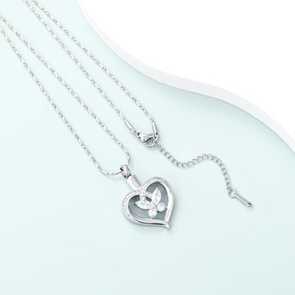 Imrsanl Butterfly Heart Pendant Cremation Urn Necklace for Women - color: Silver-White