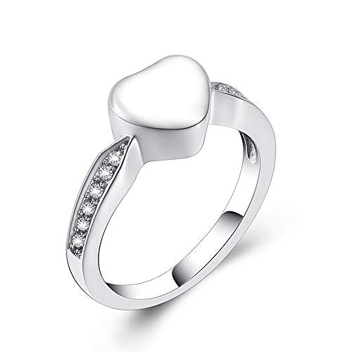 Cremation Jewelry Always in My Heart Heart Urn Ring for Girls Women, Memorial Ashes Keepsake Ring with Crystal Remembrance - color: Silver-8#