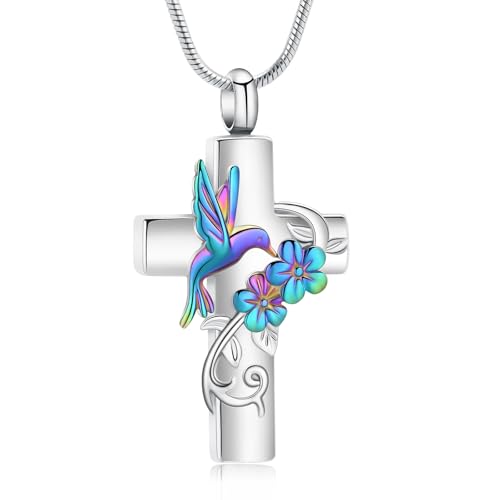 Cross Hummingbird Urn Necklace for Ashes Flower Ashes Pendant Memorial Necklace Cremation Jewelry Ashes Keepsakes Necklace Gift for Loss of Loved Ones Memorial Jewelry - color: Silver-colourful