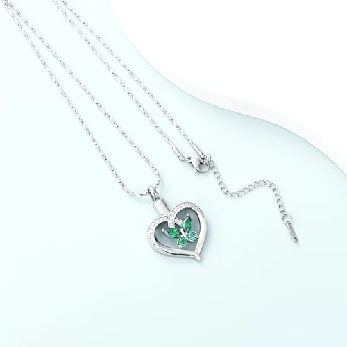 Imrsanl Butterfly Heart Pendant Cremation Urn Necklace for Women - color: Silver-Green