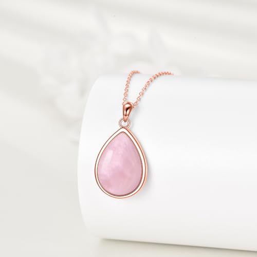 CRMAD Larimar/Opal/Lapis Lazuli/Tourmaline/Malachite/Labradorite/Turquoise/Onyx/Rose Quartz/Amber/Peridot Necklace for Women 925 Sterling Silver Teardrop Pendant Jewelry Gifts - color: Rose Quartz-Rose Gold