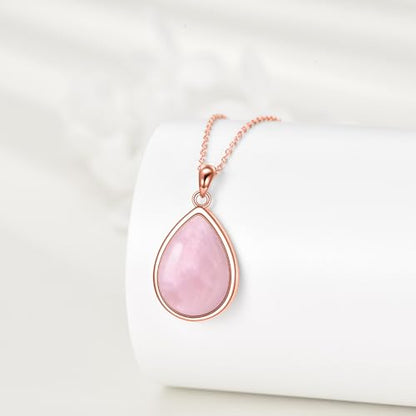 CRMAD Larimar/Opal/Lapis Lazuli/Tourmaline/Malachite/Labradorite/Turquoise/Onyx/Rose Quartz/Amber/Peridot Necklace for Women 925 Sterling Silver Teardrop Pendant Jewelry Gifts - color: Rose Quartz-Rose Gold