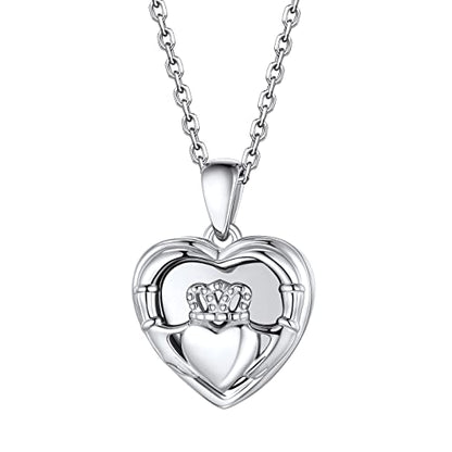Bestyle Sterling Silver Heart Locket Necklace for Women, Dainty Cute Small Heart Locket Pendant in Gold/Rose Gold/Silver, Love Statement Jewelry Gift for Mother Wife - color: C1. Claddagh-Silver-Locket Only, NO Custom