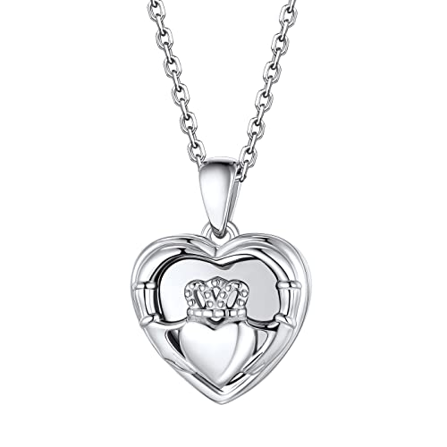 Bestyle Sterling Silver Heart Locket Necklace for Women, Dainty Cute Small Heart Locket Pendant in Gold/Rose Gold/Silver, Love Statement Jewelry Gift for Mother Wife - color: C1. Claddagh-Silver-Locket Only, NO Custom