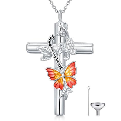 SOULMEET Enamel Butterfly Cross Urn Necklace for Ashes, Cross Moissanite Butterfly Ashes Necklaces with Forever in My Heart Engraved Keepsake Cremation Locket Jewelry for Women Men - color: C-Red, style: Non Custom