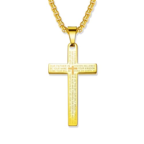 Silver deer【Hypoallergenic & lightweight Cross Necklace【does not rust or discolour】 for Women or Men Stainless Steel Pendant Lord's Prayer Bible Verse【2in DIY extension】 Chain 22 Inch - color: golden
