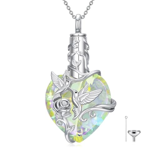 JKR Heart Urn Necklace for Ashes Crystal Keepsake Pendant Memorial Jewelry - style: Hummingbird-White Crystal