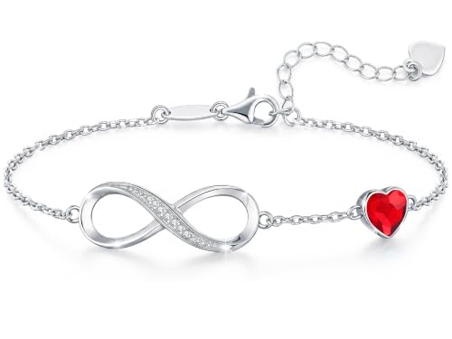 CDE 925 Sterling Silver Infinity Birthstone Bracelet Jewelry Gift for Women | Hypoallergenic,Non Tarnish,Heart CZ,Nickel-Free & Lead-Free,Anniversary Christmas Birthday Idea Gifts for Wife Girlfriend Her - color: Crystal-Red