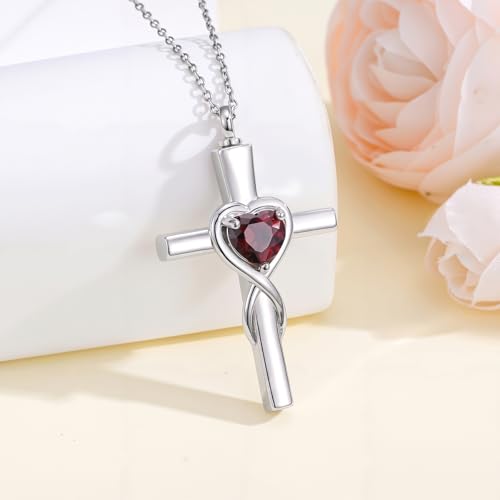 YYB Urn Necklace for Ashes Women Heart Birthstone Cross Cremation Jewelry | Memorial Keepsake Funeral Jewelry for Loved Ones (with Funnel Filler) - color: 01-Jan-Garnet
