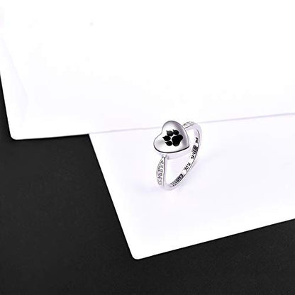 Fookduoduo 925 Sterling Silver Paw Print Urn for Ashes I Carry You with me Cremation Jewelry Dog Cat Claw Urn Finger Ring for Pet Lovers - color: black