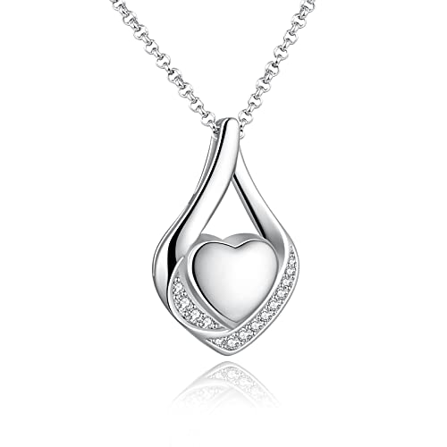 Cremation Jewelry 925 Sterling Silver Teardrop Urn Necklace for Ashes Heart Shape Memorial Keepsake Pendant for Human Ashes for Women Gift - color: E White Gold - No Engraved