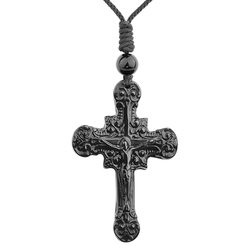 ASGIFT Black Obsidian Necklace Healing Crystal Stone Amulet Protection Pendant with Adjustable Rope Necklace Birthday Christmas Gift for Men Women - color: CrossB