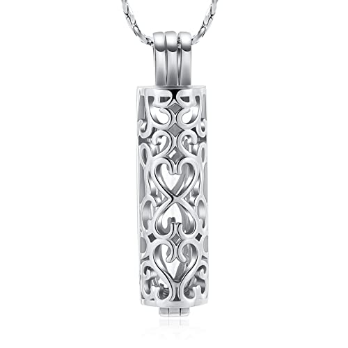 Imrsanl Cremation Jewelry Urn Necklace for Ashes Pendant with Hollow Glass Vial Cylinder Cremation Keepsake Memorial Lockets Ashes Holder for Women Men Pet - color: Silver