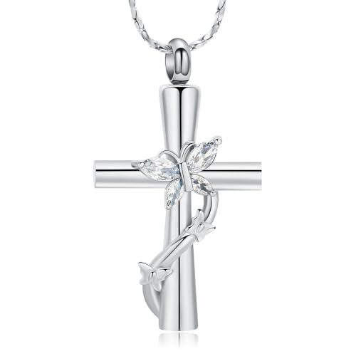 Imrsanl Cross with Butterfly Urn Necklaces for Ashes for Women - color: Silver White