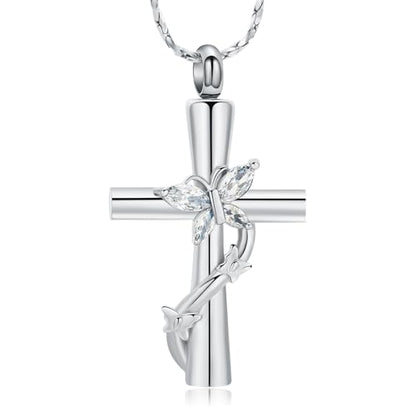 Imrsanl Cross with Butterfly Urn Necklaces for Ashes for Women - color: Silver White