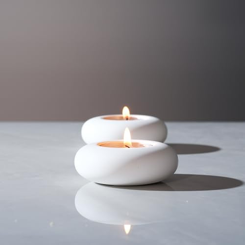 Handmade Decorative Pebble Tealight Candle Holder - Handcrafted Home Decor Accent for Calming Earthy Aesthetic White Cement Diameter 3 Inches Set of 2