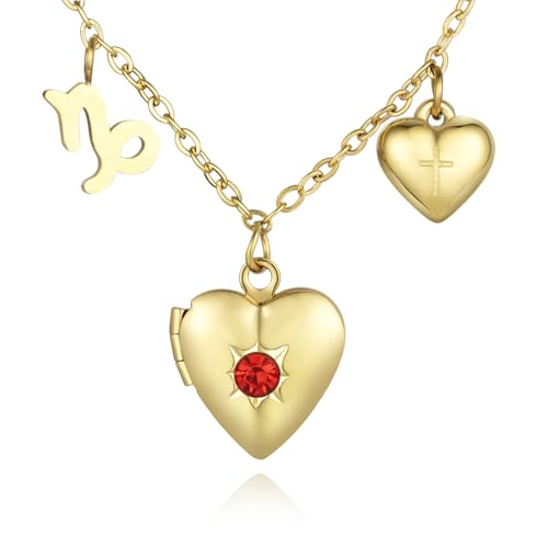 18K Gold Photo Lockets that Hold Picture,Heart Locket Necklace,Zodiac Symbol with Cross Heart Pendant,Locket Necklace for Women,Chain 20 Inch,Perfect Christmas Thanksgiving Gift for Her - color: Capricorn (22/12-19/1)