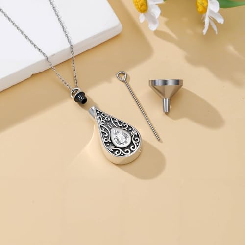 Teardrop Urn Necklace for Ashes Filigree Birthstone Keepsake Pendant Cremation Jewelry for Ashes Memorial Jewelry Gifts for Loss of a Loved One for Women - style: Apri-Diamond