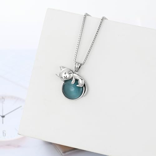 XSMZB Pet Cremation Ashes Jewelry Moonstone Cat Urn Necklace for Ashes for Women Men Lovely Cat Memorial Urn Locket Keepsake Pendant Gift - color: Silver Cat