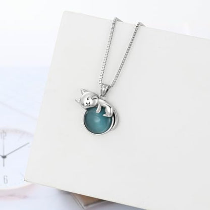 XSMZB Pet Cremation Ashes Jewelry Moonstone Cat Urn Necklace for Ashes for Women Men Lovely Cat Memorial Urn Locket Keepsake Pendant Gift - color: Silver Cat