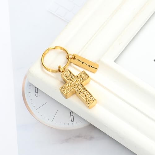 XSMZB Cross Urn Necklace for Ashes for Women Men Tree of Life Cross Cremation Jewelry Keepsake Pendant for Ashes of Loved One - color: Gold Keychain