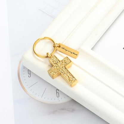 XSMZB Cross Urn Necklace for Ashes for Women Men Tree of Life Cross Cremation Jewelry Keepsake Pendant for Ashes of Loved One - color: Gold Keychain