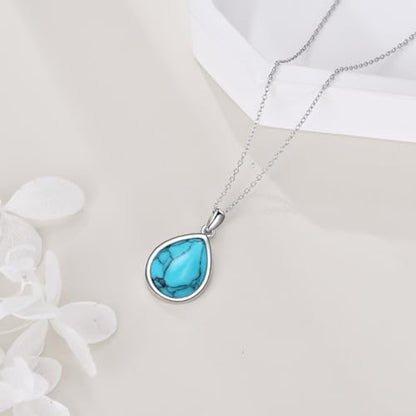 CRMAD Larimar/Opal/Lapis Lazuli/Tourmaline/Malachite/Labradorite/Turquoise/Onyx/Rose Quartz/Amber/Peridot Necklace for Women 925 Sterling Silver Teardrop Pendant Jewelry Gifts - color: Turquoise