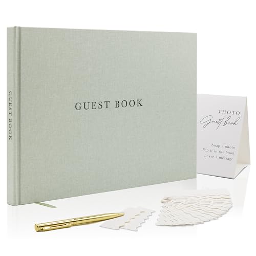 Real Linen Guest Book Set - 11.5 x 8.5 Embossed Guestbook for Weddings, Showers, Events, Blank & Lined, Comes with Sign, Pen, Box and Photo Sleeves, 120 Pages (Leaf) - color: Leaf