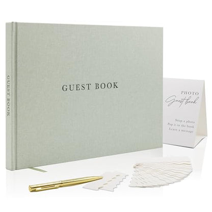 Real Linen Guest Book Set - 11.5 x 8.5 Embossed Guestbook for Weddings, Showers, Events, Blank & Lined, Comes with Sign, Pen, Box and Photo Sleeves, 120 Pages (Leaf) - color: Leaf