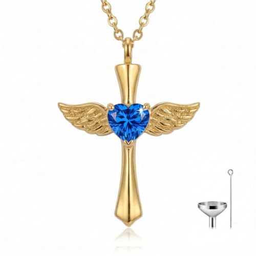 14K Gold Angel Wings Cross URN Necklace Cremation Necklaces for Ashes Embellished with Birthstone, Yellow Gold Fine Keepsake Memorial Jewelry - color: December Birthstone