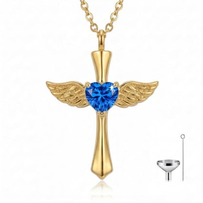 14K Gold Angel Wings Cross URN Necklace Cremation Necklaces for Ashes Embellished with Birthstone, Yellow Gold Fine Keepsake Memorial Jewelry - color: December Birthstone
