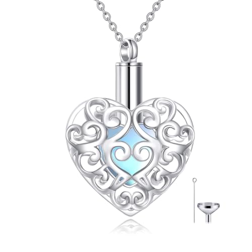 CRMAD Hummingbird/turtle/heart/dragonfly/bee/moon/tree of life Urn Necklace for Ashes Sterling Silver Jewelry for Women Memory Necklace - style: moonstone