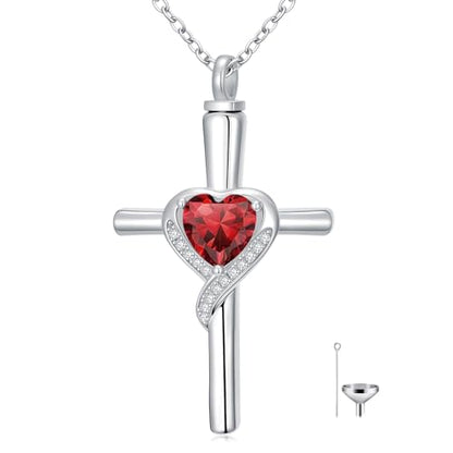 TOUPOP Cross Urn Necklaces for Ashes Birthstone Cremation Jewelry 925 Sterling Silver Cross Memorial Keepsake Funeral Jewelry for Women (with Funnel Filler) - color: 01-January-Garnet
