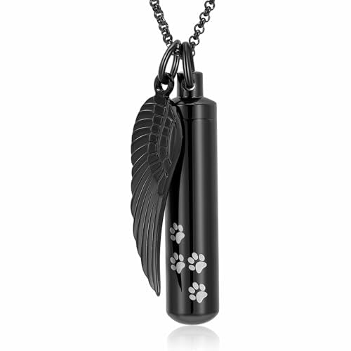 Hearbeingt Cylinder Cremation Jewelry Paw Print Urn Necklaces for Ashes | Stainless Steel,with Charm Wing,for Women Men,Memorial Necklace,Ash Pendant for Human Pet,Keepsake Jewelry,Gift,Fill Tool - color: Black