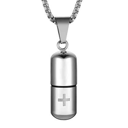 STWTR Stainless Steel Cylindrical Souvenir Capsule Pill Pendant Necklace, Cremated Ashes Pill Container Necklace - color: Silver