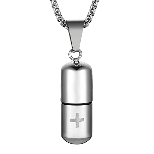 STWTR Stainless Steel Cylindrical Souvenir Capsule Pill Pendant Necklace, Cremated Ashes Pill Container Necklace - color: Silver