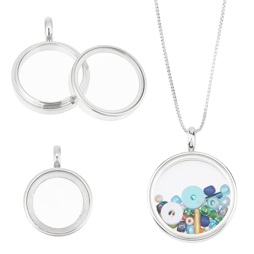 DICOSMETIC 3Pcs 3 Sizes Round Locket Pendant Stainless Steel Memory Locket Charms Clear Picture Frame Charm Floating Charm Glass Living Bouquet Charms for Women Men Necklace - color: Stainless Steel Color