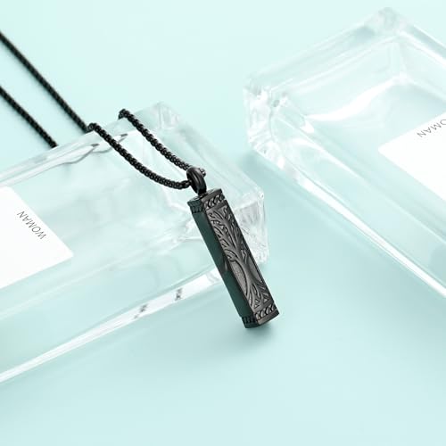 Tree of Life Urn Necklace, Stainless Steel Memorial Ashes Pendant | Tree of Life Cremation Jewelry Stainless Steel Locket Vertical Bar Keepsake Necklace Jewelry for Women Men Human Ashes - color: Black