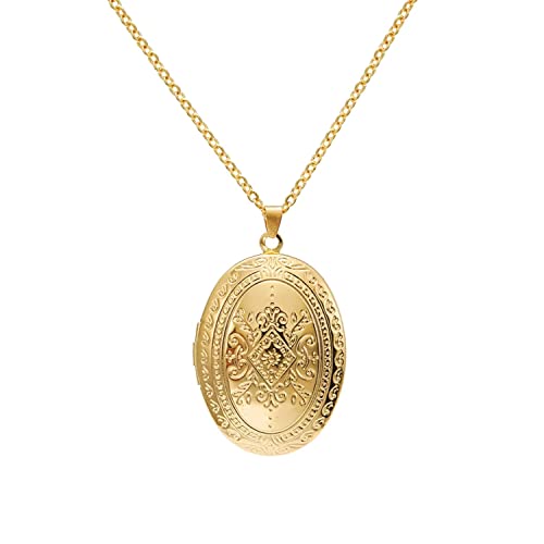 Vintage Engraved Flower Locket Picture Pendant Necklace Antique Carved Pattern Oval Heart Pendant Necklace For Women Hold Picture Souvenir Memorial Jewelry - color: Gold