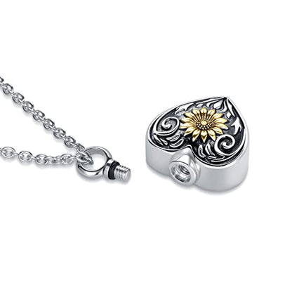 Sunflower Heart Cremation Urn Necklace for Ashes Women Men Keepsake Stainless Steel Memorial Pendant for Dad Mom Human Ashes