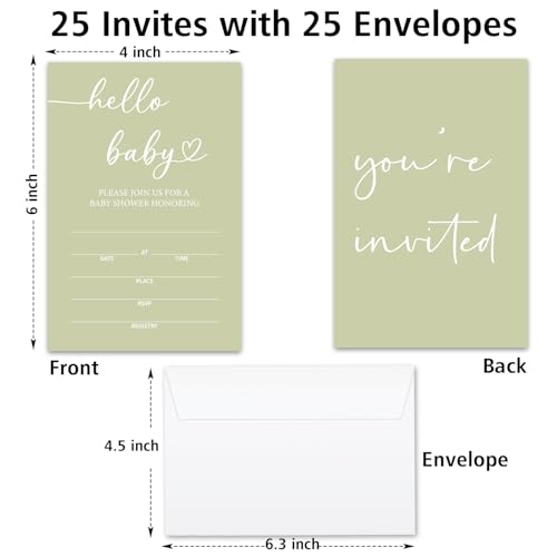 Hello Baby Baby Shower Invitations for Boys Girls, Green Minimalism Invite Cards for Baby Announcement, 25 Set of Fill-in Invites with Envelopes, Gender Reveal Party Supplies -B14 - color: Green-Oh Baby