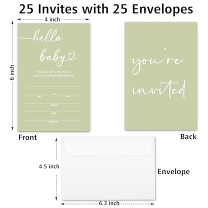 Hello Baby Baby Shower Invitations for Boys Girls, Green Minimalism Invite Cards for Baby Announcement, 25 Set of Fill-in Invites with Envelopes, Gender Reveal Party Supplies -B14 - color: Green-Oh Baby