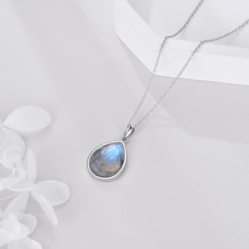 CRMAD Larimar/Opal/Lapis Lazuli/Tourmaline/Malachite/Labradorite/Turquoise/Onyx/Rose Quartz/Amber/Peridot Necklace for Women 925 Sterling Silver Teardrop Pendant Jewelry Gifts - color: Labradorite