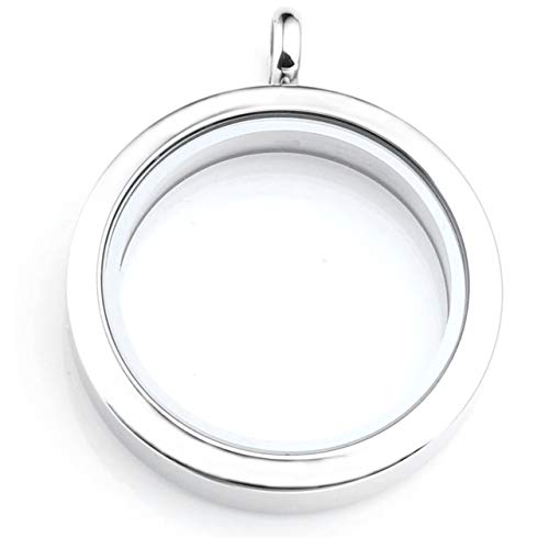 Zysta Silver Round Locket Pendant Necklace 30mm Glossy Stainless Steel Clear Glass Living Memory Floating Charms Stone Storage - color: Silver-Glossy-30mm