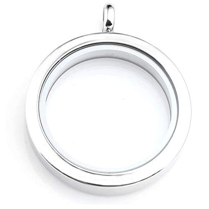 Zysta Silver Round Locket Pendant Necklace 30mm Glossy Stainless Steel Clear Glass Living Memory Floating Charms Stone Storage - color: Silver-Glossy-30mm