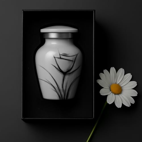 Custom Gray Flower Mini Urn – Personalized Text – Small 3" Keepsake Cremation Urn for Human Ashes – Drawn Tulip Design – Velvet Bag, Box & Funnel – Made in USA - color: Customized Gray, size: Small
