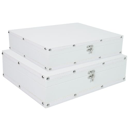 DreamsEden Set of 2 White Leather Wooden Storage Boxes - Small Keepsake Box & Large Memory Trunk with Hinged Lid, Nesting Decorative Treasure Chests for Jewelry, Photos, Crafts - color: White