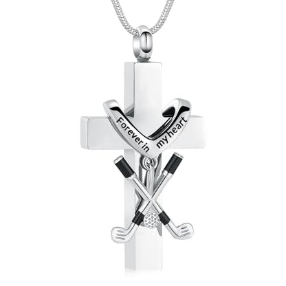 zeqingjw Cross Urn Necklace for Ashes for Men Women Stainless Steel Cremation Golf Clubs Jewelry Ashes Keepsake Memorial Pendant Ash Holder of Loved Ones - color: Silver