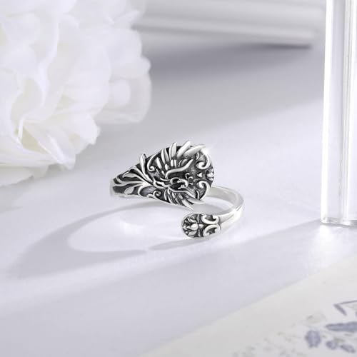 Rising Phoenix Spoon Ring Adjustable 925 Sterling Silver Rise from the Ashes Lotus Jewelry Gifts for Women